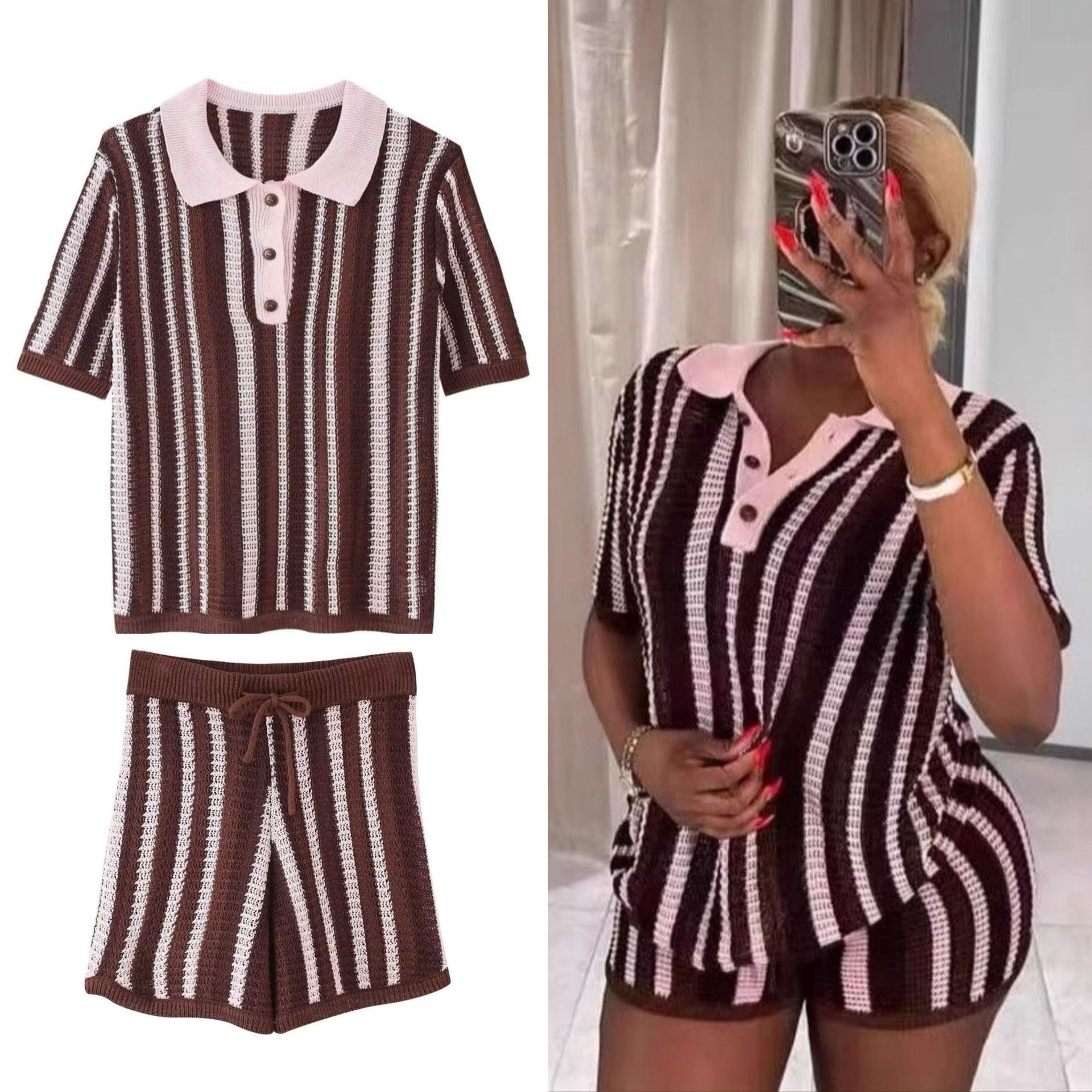 New Stripesd Lapel Short-Sleeved Loose Top High-Waisted Three-Quarter Shorts Knitted Women's Two-Piece Set