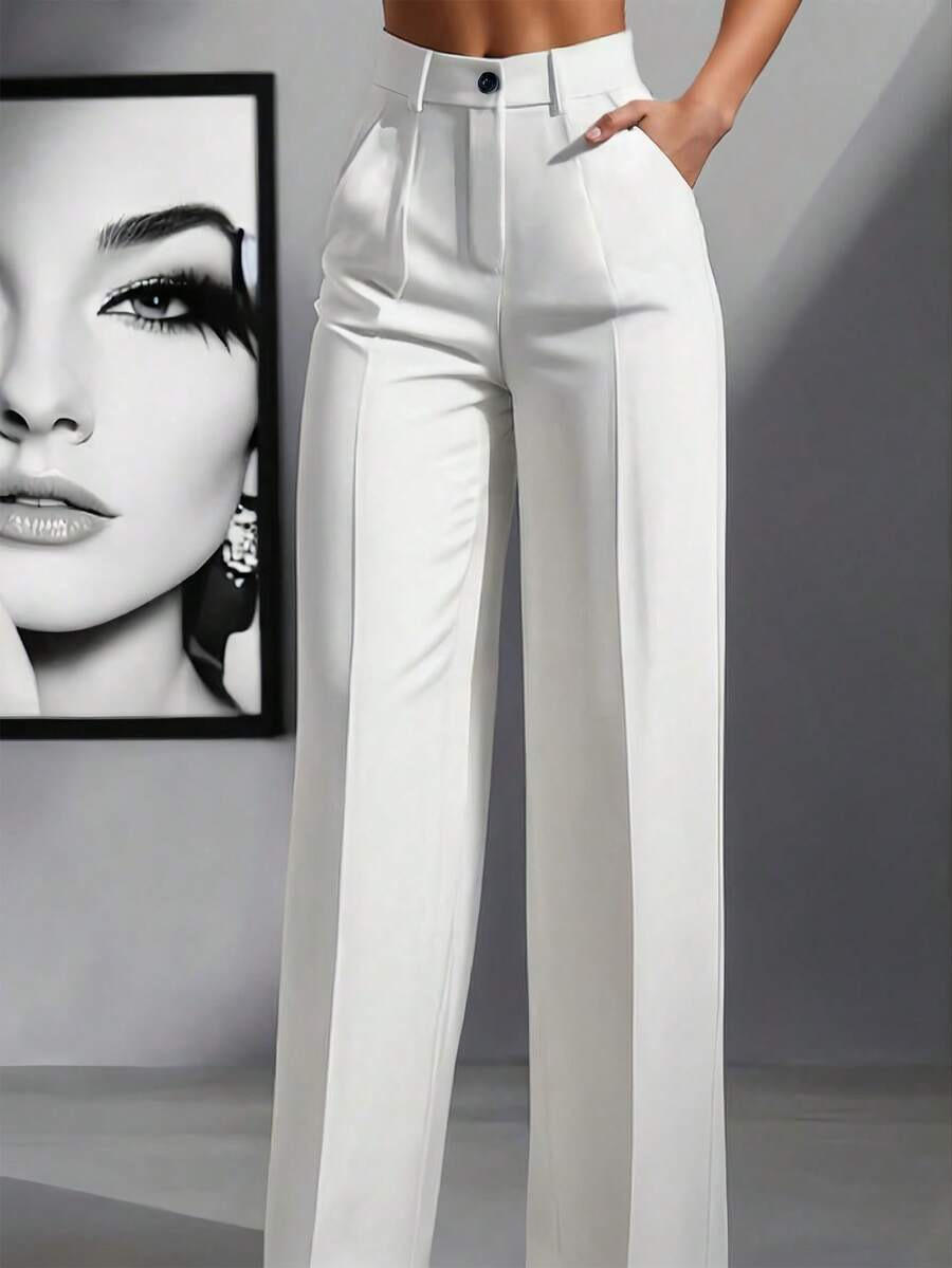 Solid Color High-Waisted Pleated Loose Trousers