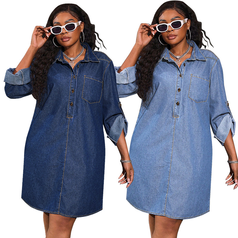 Plus-Size Loose Denim Long-Sleeved Casual Dress