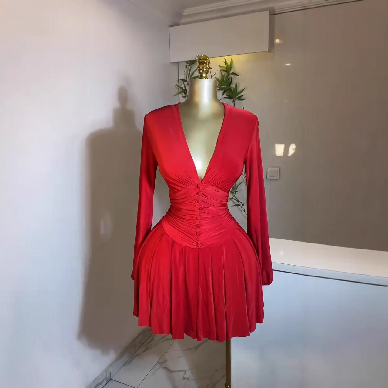 Pleated V-Neck Long-Sleeved Dress with Slim-Fit Waist