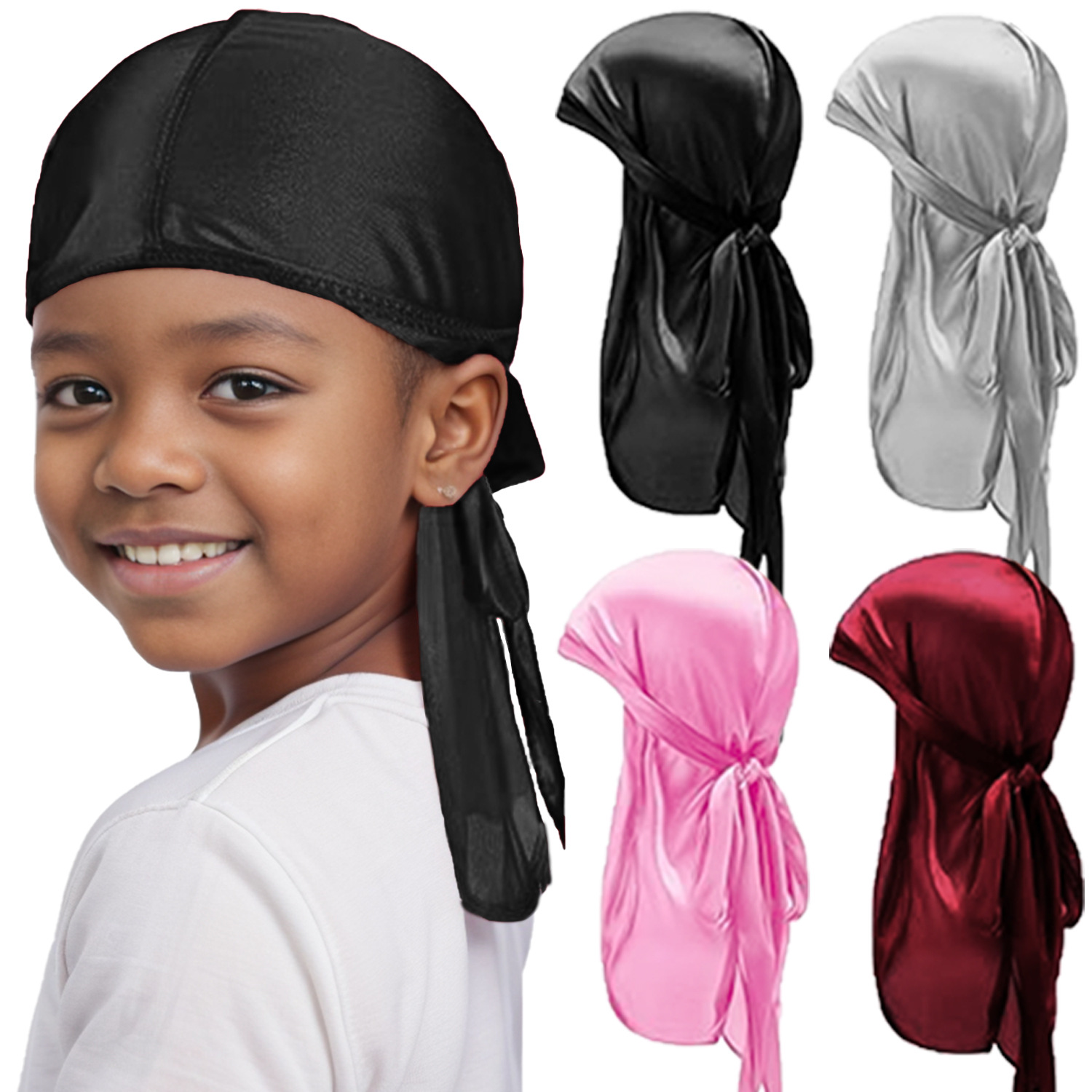 Cross-Border New Kidsren's Imitation Silk Pirate Hat High Elastic Long Tail Turban Hat Factory Direct Sale Silky Durag