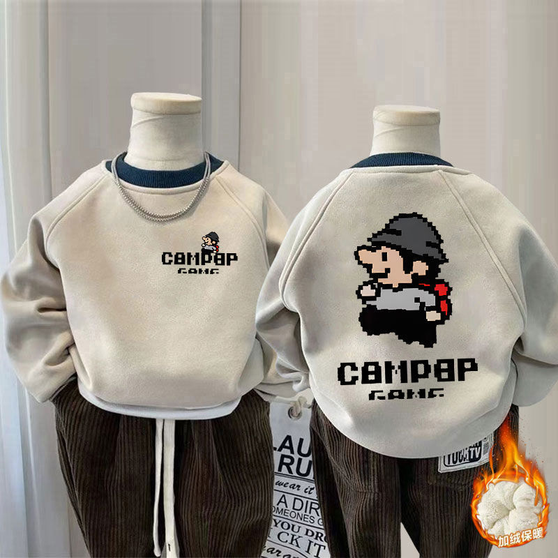 Boys' fleece-lined crew neck sweatshirt, stylish autumn and winter top, cartoon cartoon baby crew neck sweatshirt
