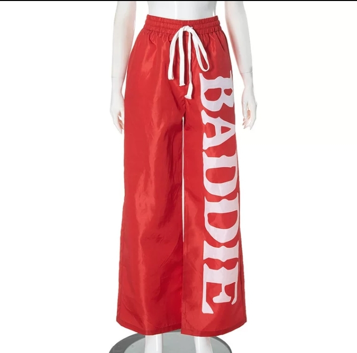 Baddie" Graphic Nylon Wide-Leg Track Pants